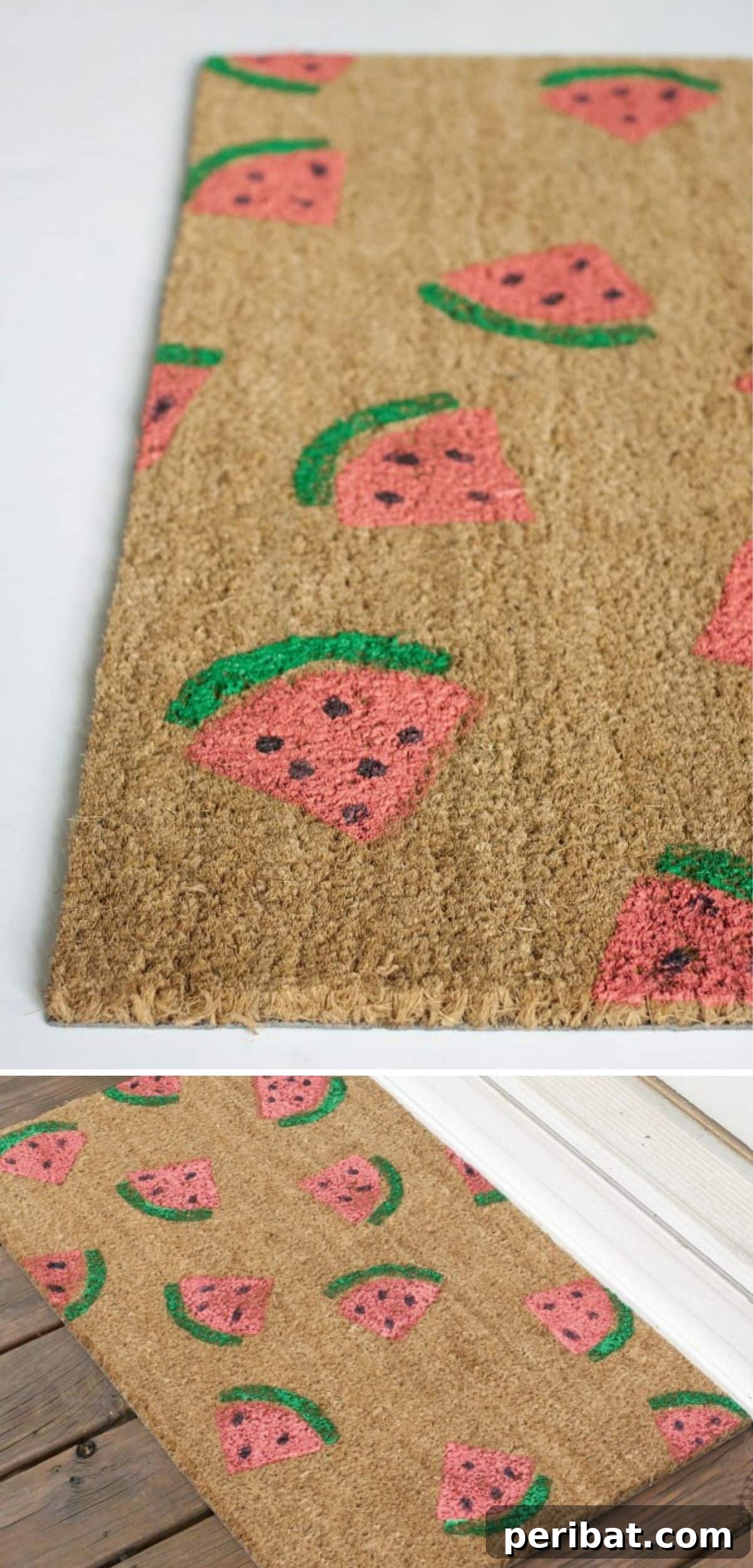 A fun DIY stamped watermelon door mat, featuring vibrant red and green watermelon slices created with a stamping technique.