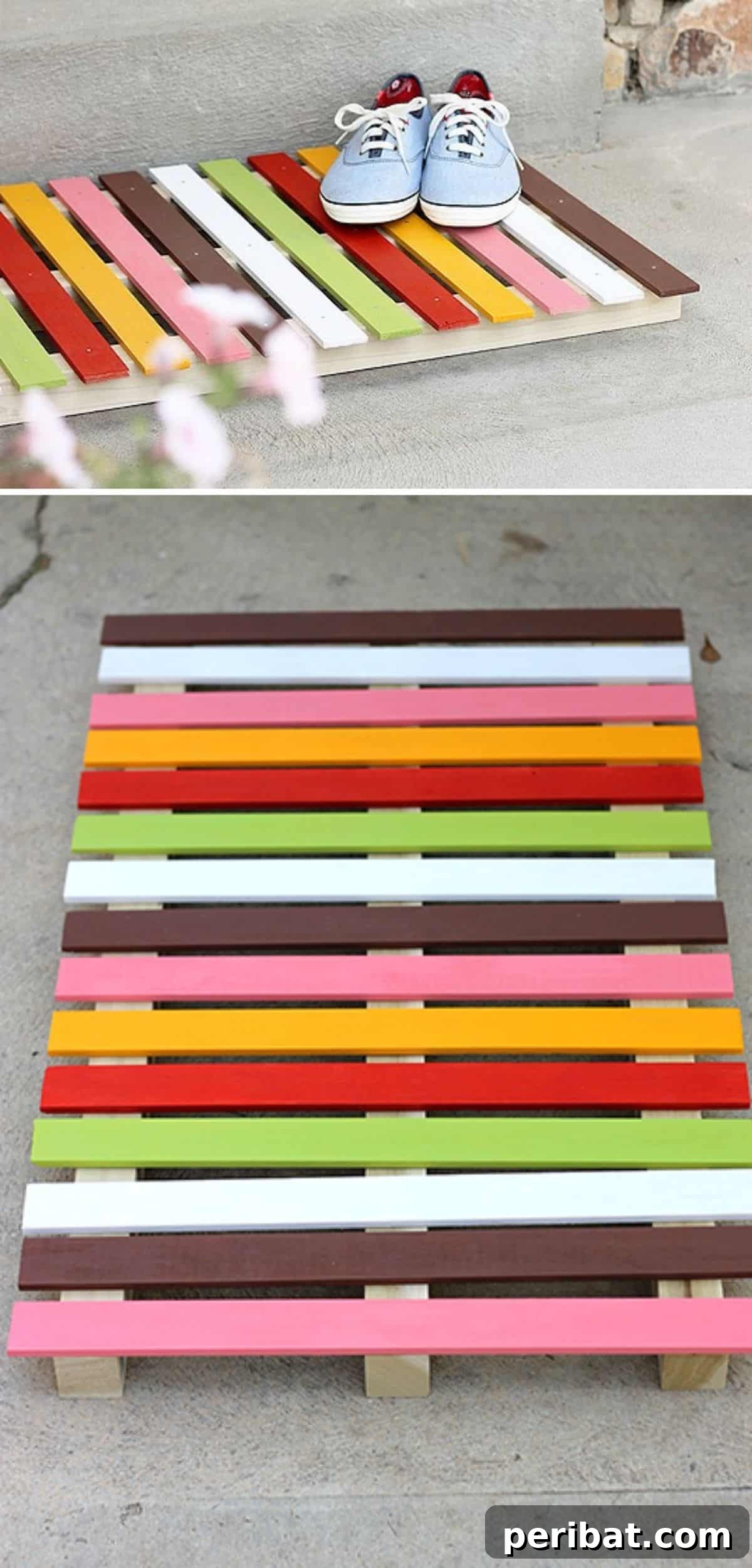 A stylish DIY wooden welcome mat, constructed from individual wooden slats in varying natural tones.