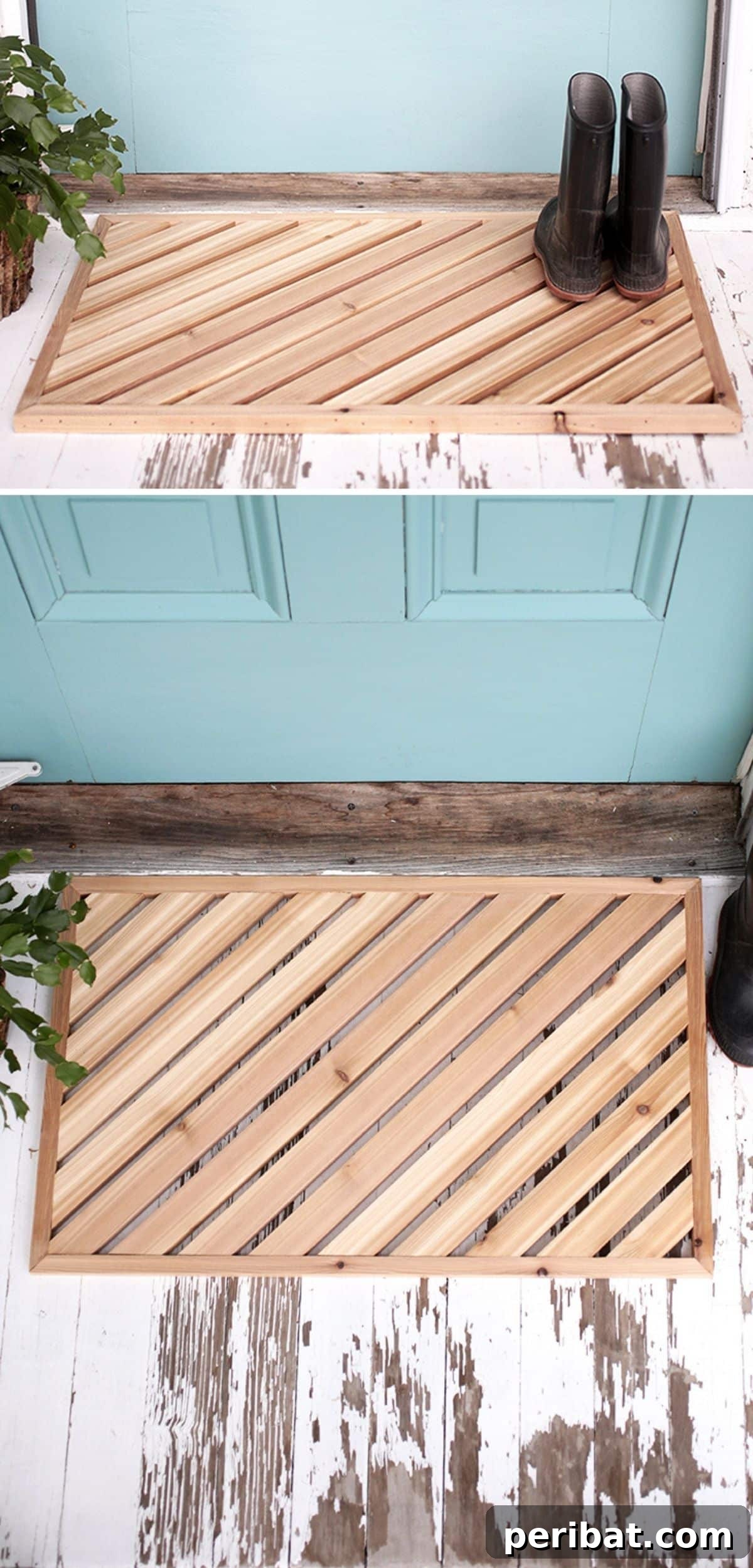 An elegant DIY wooden plank door mat featuring a sophisticated, slatted design, perfect for a modern rustic aesthetic.