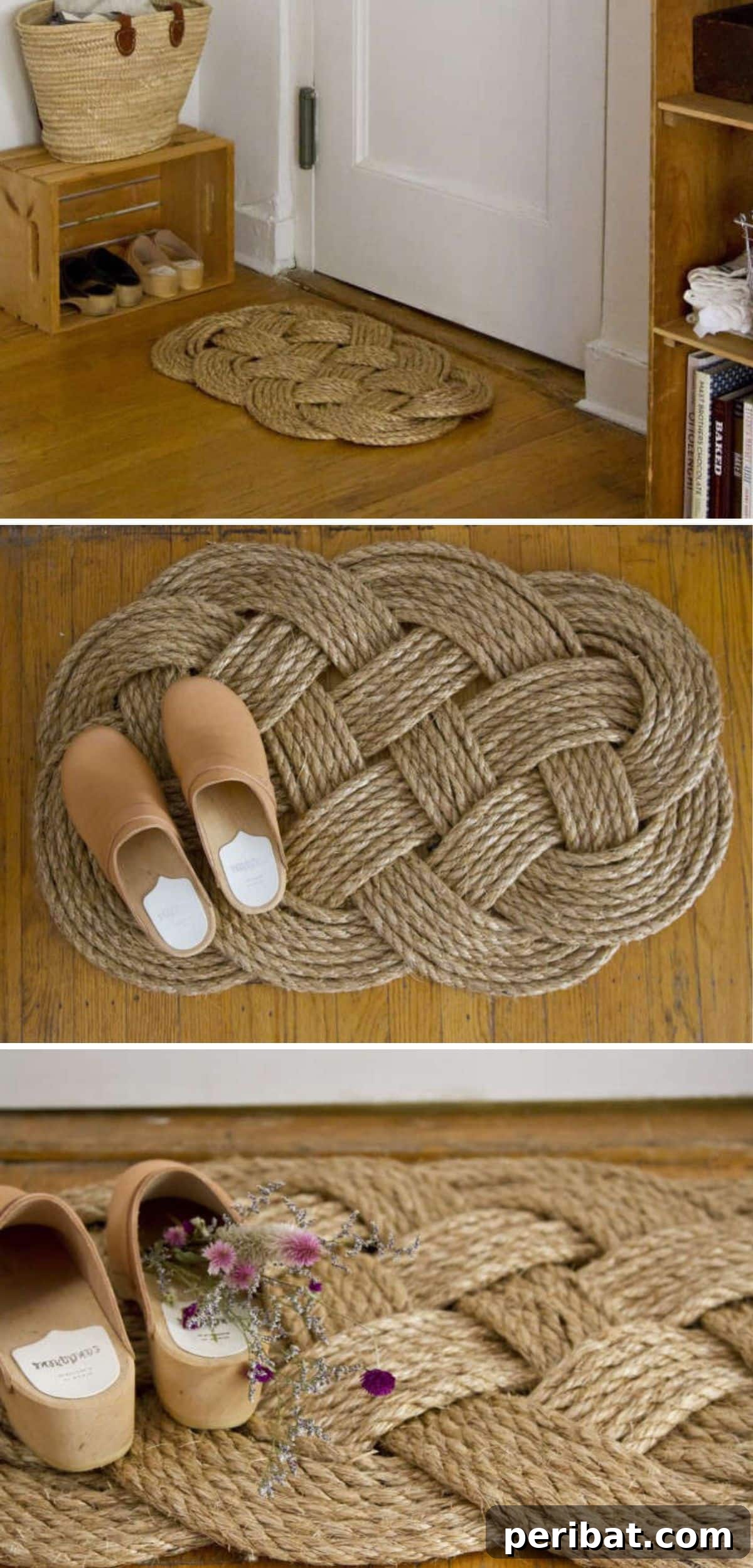 A charming DIY woven rope door mat, crafted from natural manila rope in a intricate braid-like pattern.