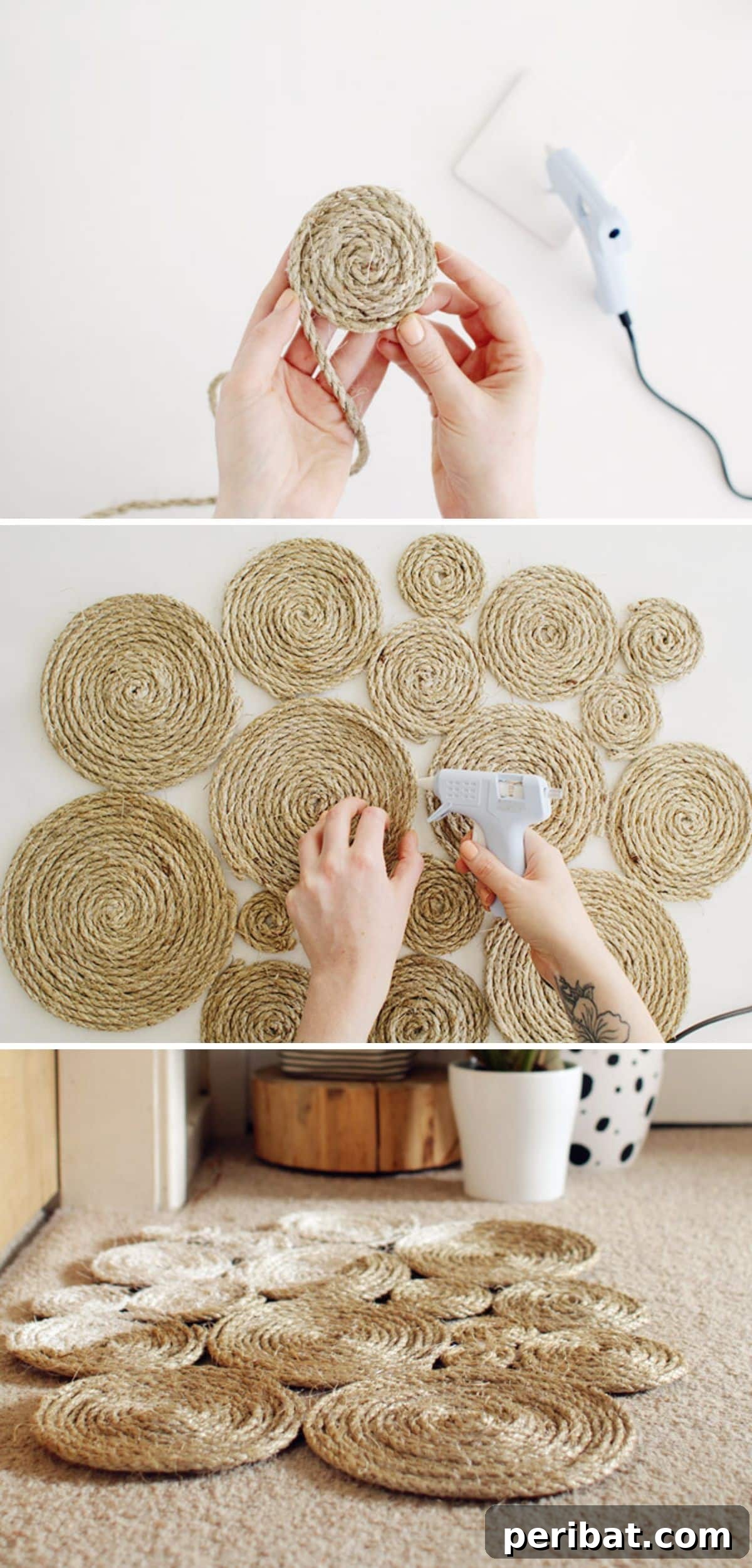 A beautifully crafted DIY door mat made from tightly coiled natural rope, offering a rustic and nautical aesthetic.