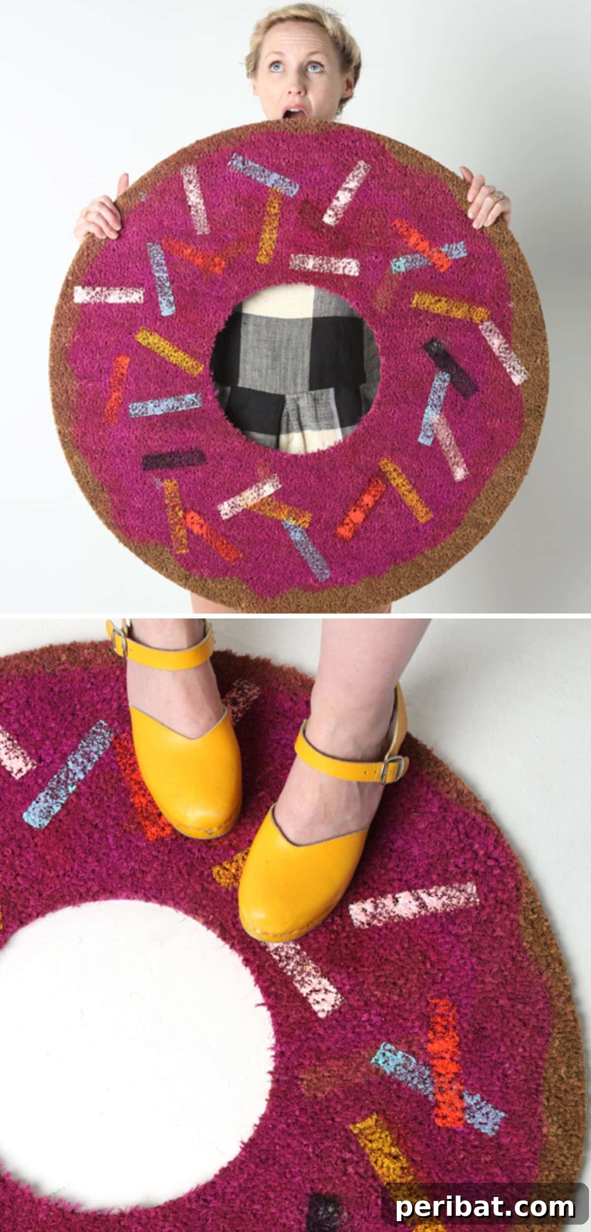 A whimsical DIY rug shaped and painted to resemble a delicious doughnut with colorful sprinkles.
