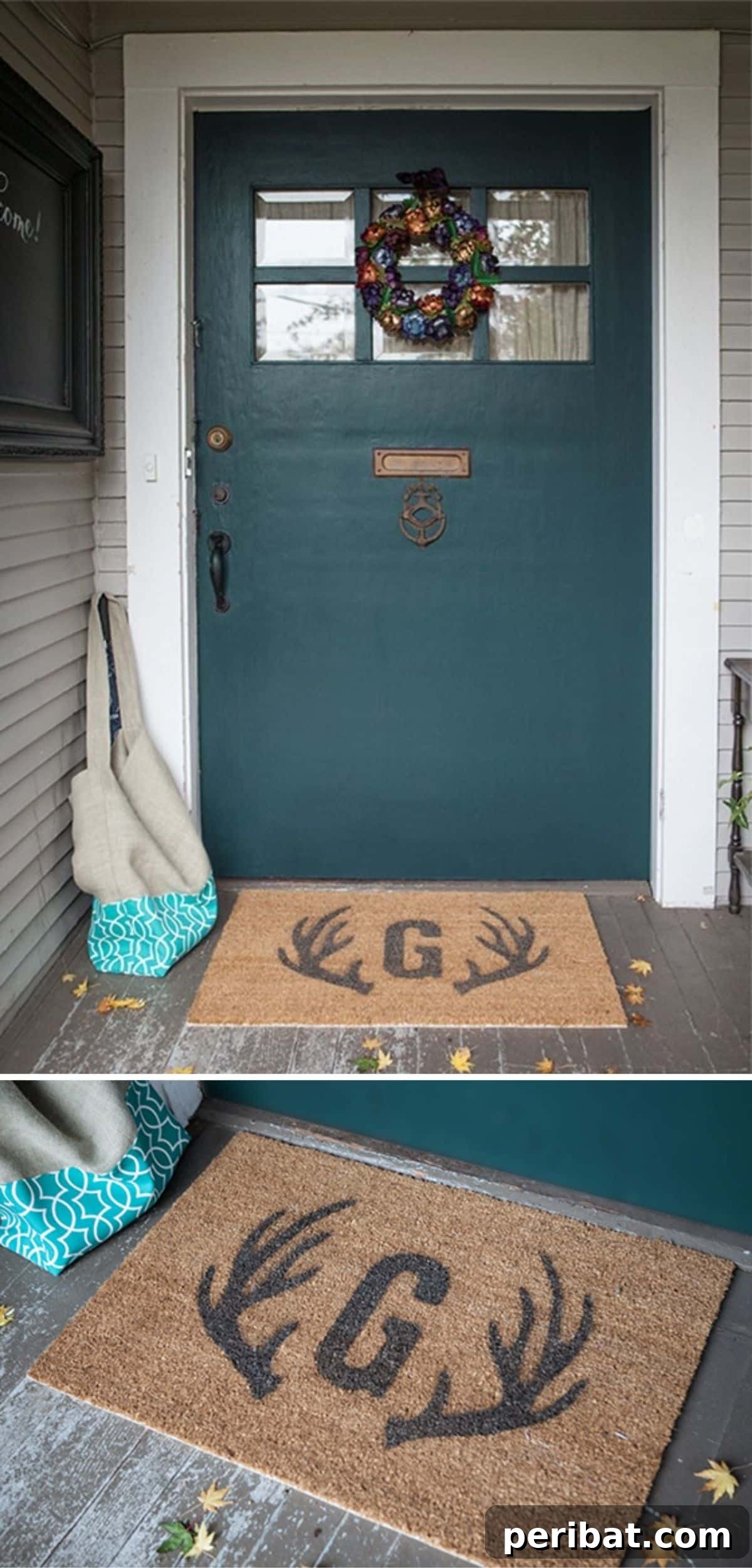A personalized DIY stenciled door mat featuring an elegant antler and monogram design, painted onto a natural fiber mat.