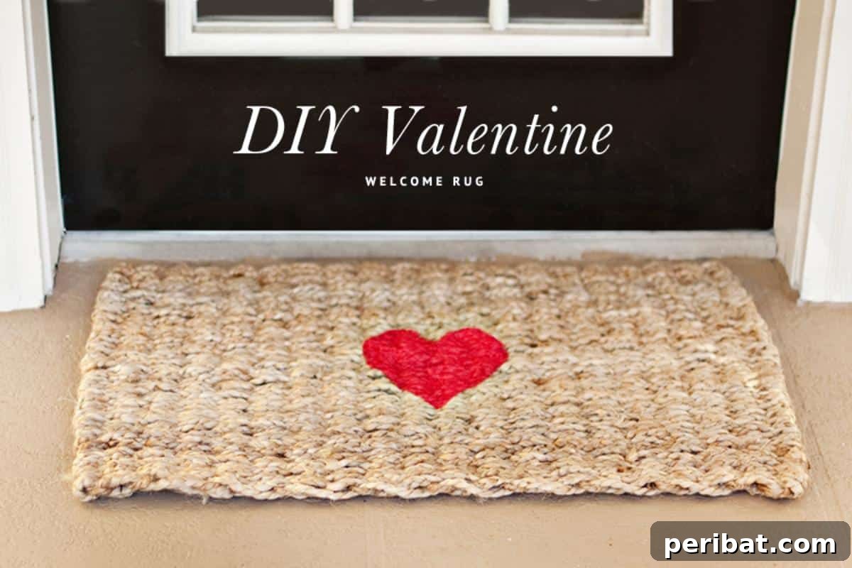 A simple and sweet DIY welcome mat featuring a large red heart design painted onto a plain mat.