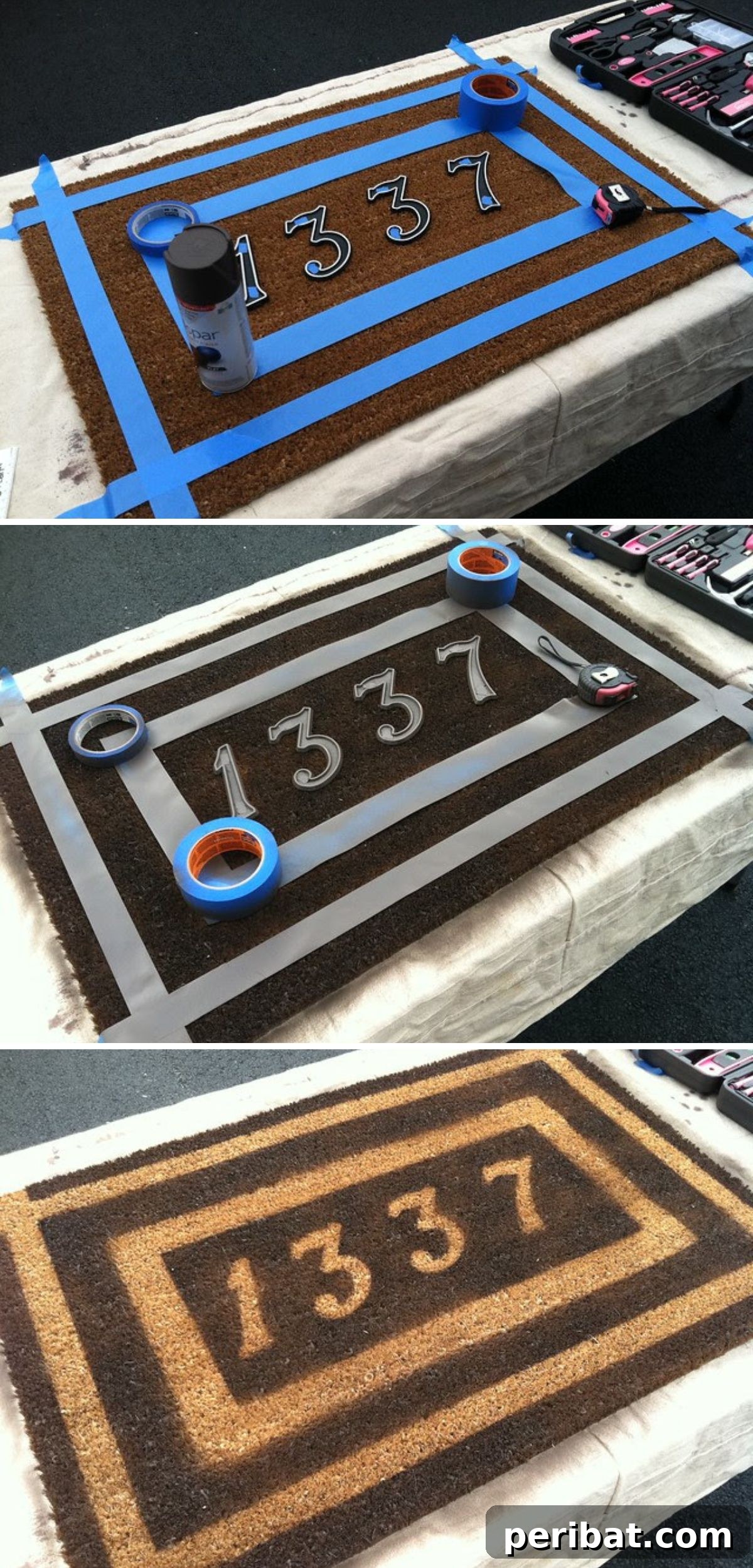 A practical and decorative DIY door mat displaying house numbers and a welcome message using stencils.