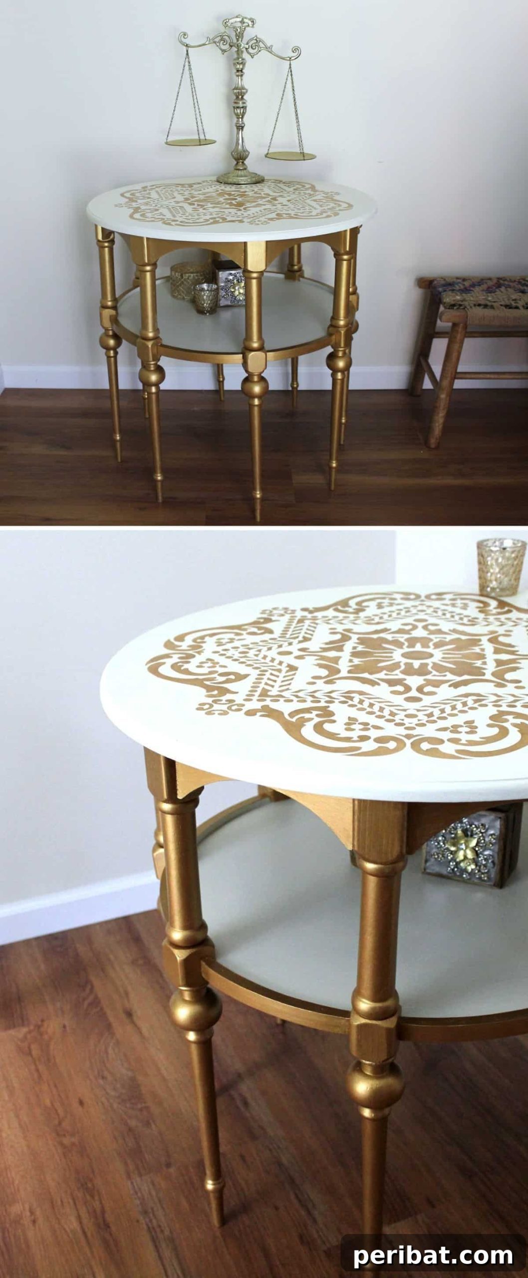 Transform Your Home: 18 DIY Accent Tables for Elevated Style 13 DIY Gold And White Stenciled Table