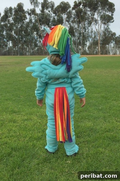 75 Effortless DIY Halloween Costumes That Kids Adore 13 A child joyfully dressed in a vibrant DIY Rainbow Dash unicorn costume, bringing colorful fantasy to life
