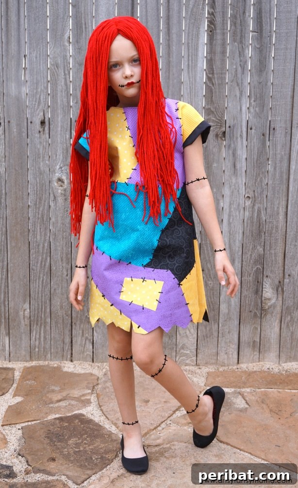 75 Effortless DIY Halloween Costumes That Kids Adore 17 A child elegantly dressed in a DIY Sally Nightmare Before Christmas costume by a wood fence
