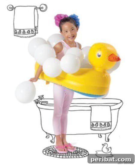 75 Effortless DIY Halloween Costumes That Kids Adore 24 A child in a whimsical 'Bubble Bath' costume, featuring a mini inflatable tub and balloons, a creative DIY Halloween idea