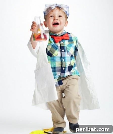 75 Effortless DIY Halloween Costumes That Kids Adore 25 A child dressed as a 'Mad Scientist' for Halloween, complete with a lab coat and beaker, a fun and easy DIY costume