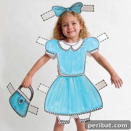 75 Effortless DIY Halloween Costumes That Kids Adore 26 A child dressed as a 'Paper Doll' for Halloween, featuring cardboard clothing outlines with tabs, a creative DIY costume