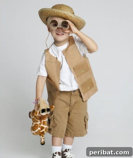 75 Effortless DIY Halloween Costumes That Kids Adore 27 A child dressed as a 'Safari Guide' for Halloween, complete with binoculars and stuffed animals, an adventurous DIY costume