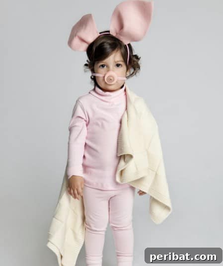 75 Effortless DIY Halloween Costumes That Kids Adore 28 A sweet child dressed as a 'Pig in a Blanket' for Halloween, featuring pink clothing, ears, nose, and a cozy blanket