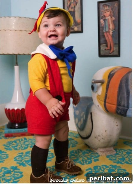 75 Effortless DIY Halloween Costumes That Kids Adore 30 A charming child dressed as 'Pinocchio' for Halloween, featuring red overalls, a yellow shirt, and a distinctive hat