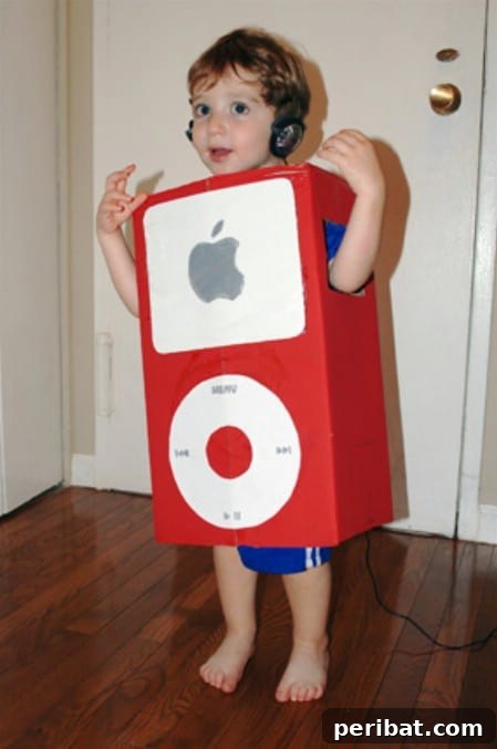 75 Effortless DIY Halloween Costumes That Kids Adore 31 A child in a creative 'iPod' costume made from a cardboard box, painted red with controls and an Apple insignia