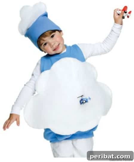 75 Effortless DIY Halloween Costumes That Kids Adore 33 A child dressed as a 'Fluffy Cloud' for Halloween, featuring a light blue sweatshirt adorned with batting and white felt, a dreamy DIY costume