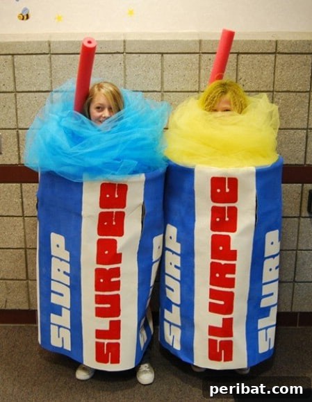 75 Effortless DIY Halloween Costumes That Kids Adore 34 An older child wearing a creative 'Slurpee' costume, featuring a homemade cup and colorful tulle, a unique DIY Halloween idea