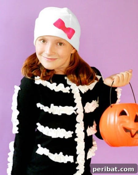75 Effortless DIY Halloween Costumes That Kids Adore 37 A girl in a unique 'Ruffled Skeleton' costume, featuring white ruffles sewn onto a black sweatsuit to form bones