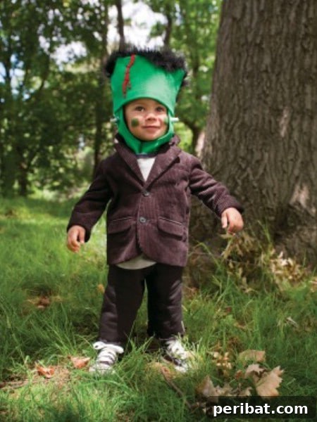 75 Effortless DIY Halloween Costumes That Kids Adore 43 A child in an adorable, easy-to-make 'Frankenstein' costume for Halloween, featuring brown pants, a jacket, and felt head details