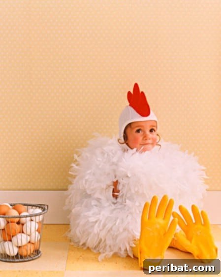 75 Effortless DIY Halloween Costumes That Kids Adore 49 A child in an impressive 'Chicken' costume made from white trash bags and yellow cleaning gloves, a clever and eco-friendly DIY idea