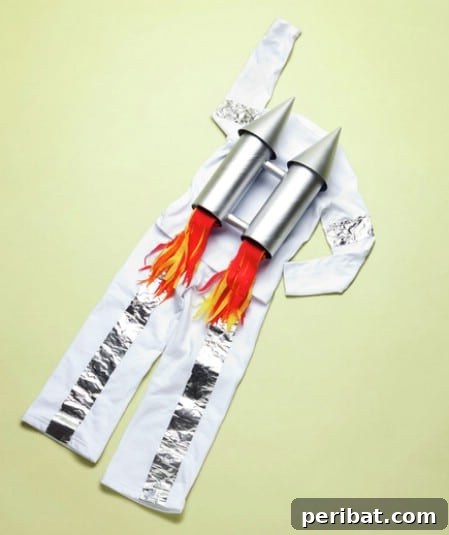 75 Effortless DIY Halloween Costumes That Kids Adore 51 A child dressed as 'Rocket Man' for Halloween, featuring white pants, shirt, Pringles can rockets, and streamers, an exciting DIY costume
