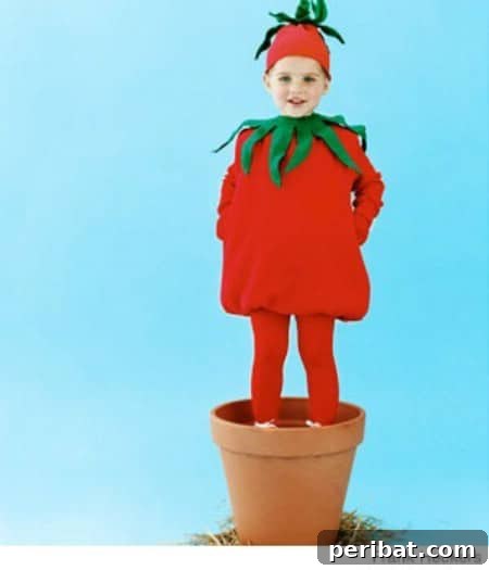 75 Effortless DIY Halloween Costumes That Kids Adore 53 A child in a cute 'Tomato' costume for Halloween, featuring an oversized red sweatshirt and green felt leaves, a no-sew DIY idea
