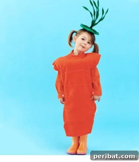 75 Effortless DIY Halloween Costumes That Kids Adore 55 A child in a cute 'Carrot' costume for Halloween, featuring an oversized orange sweatshirt and green top, a no-sew DIY idea