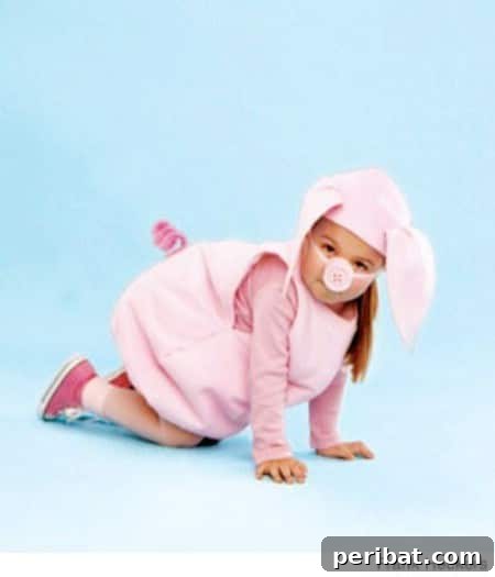 75 Effortless DIY Halloween Costumes That Kids Adore 57 A child in an adorable 'Little Piggy' costume for Halloween, featuring an oversized pink sweatshirt with added tail, nose, and ears, a no-sew DIY idea
