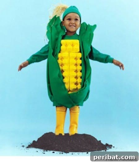 75 Effortless DIY Halloween Costumes That Kids Adore 58 A child in a cute 'Corn on the Cob' costume for Halloween, featuring a green oversized sweatshirt with yellow egg cartons for kernels, a no-sew DIY idea