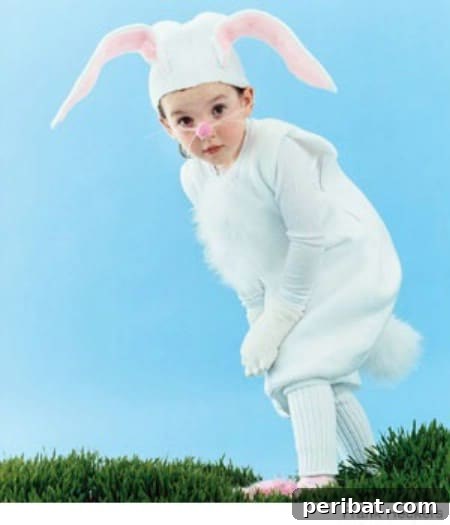 75 Effortless DIY Halloween Costumes That Kids Adore 59 A child in a whimsical 'White Rabbit' costume for Halloween, inspired by Alice in Wonderland, featuring a white oversized sweatshirt and a crafted hat