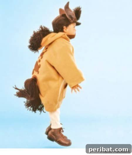 75 Effortless DIY Halloween Costumes That Kids Adore 61 A child in a cute 'Pony' costume for Halloween, featuring an oversized brown sweatshirt with dark brown yarn for the tail and mane, a no-sew DIY idea