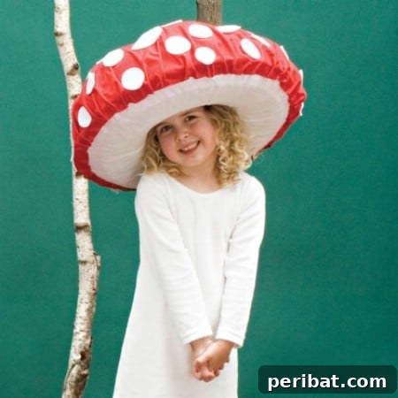 75 Effortless DIY Halloween Costumes That Kids Adore 63 A child in a whimsical 'Toadstool' costume for Halloween, featuring a white sweatsuit and a red polka-dot hat made from fabric or paint on Styrofoam