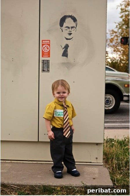 75 Effortless DIY Halloween Costumes That Kids Adore 64 A child dressed as 'Dwight' from The Office for Halloween, featuring business slacks, a dress shirt, tie, and glasses, a clever DIY costume