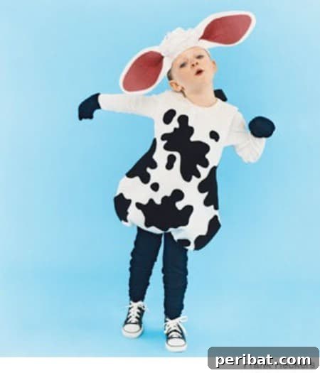 75 Effortless DIY Halloween Costumes That Kids Adore 66 A child in a charming 'Cow' costume for Halloween, featuring an oversized white sweatshirt with black fabric spots and floppy ears, a no-sew DIY idea
