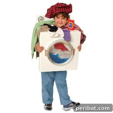 75 Effortless DIY Halloween Costumes That Kids Adore 72 A child in a creative 'Washing Machine' costume for Halloween, made from a cardboard box with clothes, detergent, and water details, a unique DIY idea