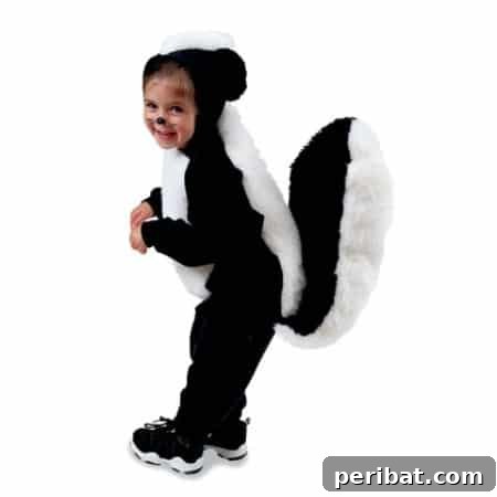 75 Effortless DIY Halloween Costumes That Kids Adore 73 A child in an adorable 'Skunk' costume for Halloween, made with black sweats, faux fur, and whiskers, a creative DIY idea