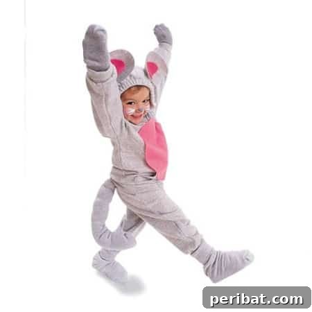 75 Effortless DIY Halloween Costumes That Kids Adore 74 A child in an adorable 'Mouse' costume for Halloween, featuring sweats, felt, and socks for paws, a versatile DIY idea