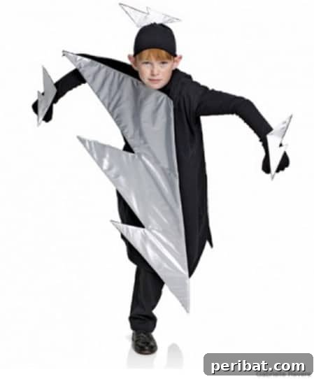 75 Effortless DIY Halloween Costumes That Kids Adore 77 A child in a dynamic 'Lightning Bolt' costume for Halloween, featuring black sweats, felt, gloves, cardstock, batting, and silver lame for sparks, a no-sew DIY idea