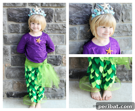75 Effortless DIY Halloween Costumes That Kids Adore 9 A girl in a stunning DIY mermaid princess costume by a brick wall, showcasing elegant scales and a walkable design