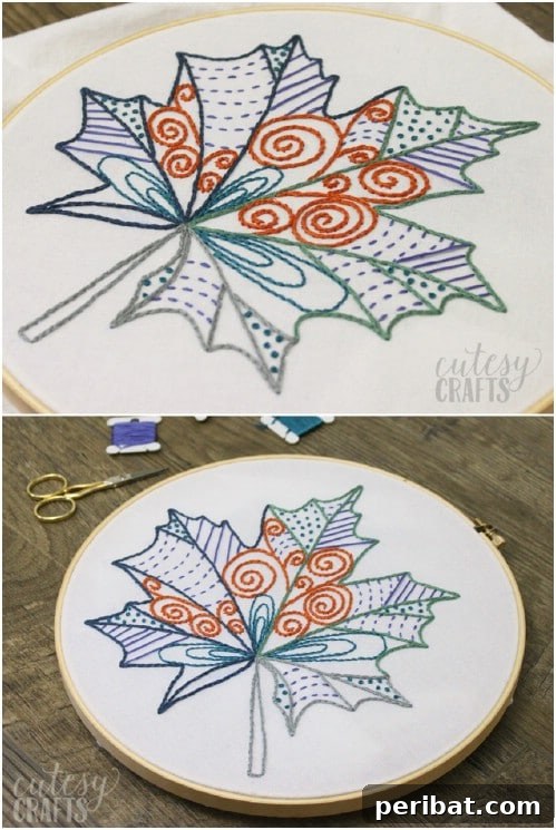 25 Beginner-Friendly Embroidery Projects Plus Free Patterns 11 Colorful fall leaf embroidery pattern for seasonal decoration