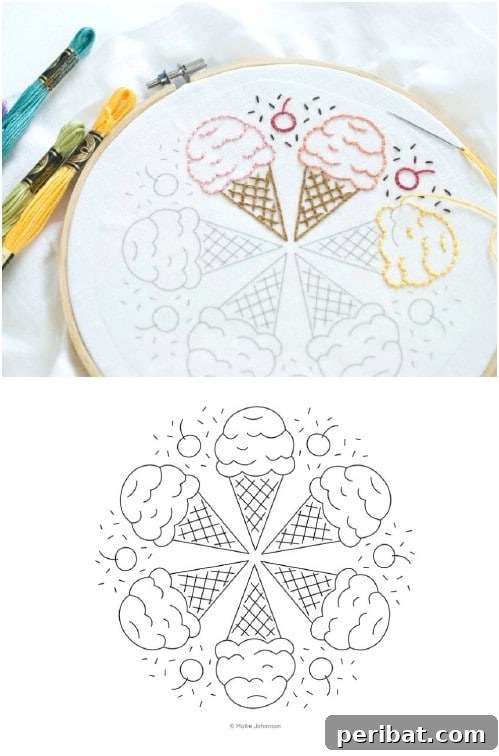 25 Beginner-Friendly Embroidery Projects Plus Free Patterns 24 Unique ice cream cone mandala sampler for practicing various embroidery stitches