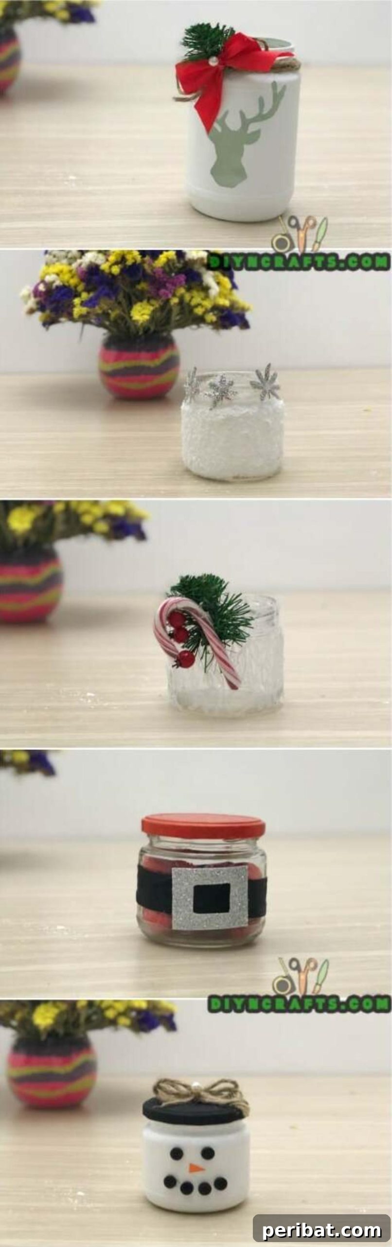 5 Frugal & Festive Christmas Jar Decorations 2 A collage featuring five different festive Christmas jar crafts including reindeer, snowman, Santa belt, lace, and snow designs, perfect for decorating your home frugally.