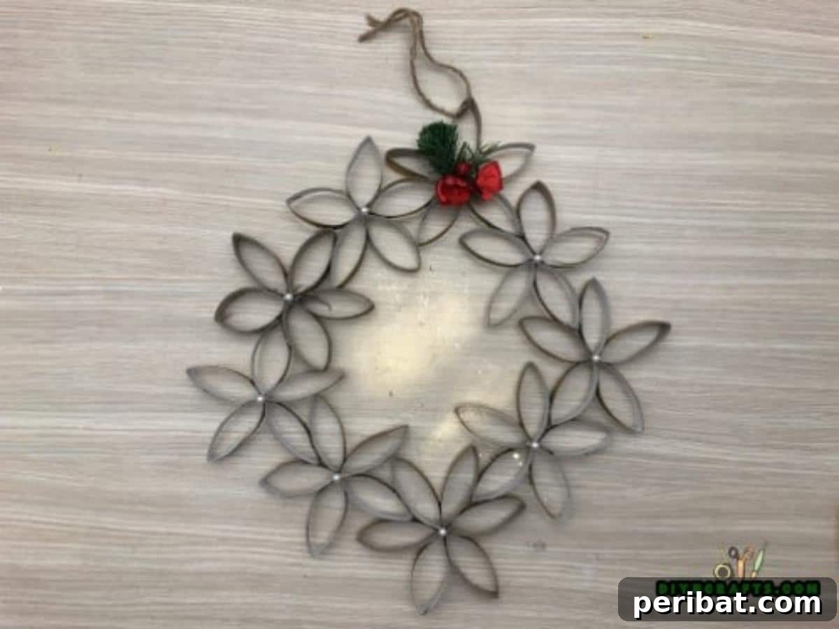 Upcycle Paper Rolls: 5 Easy Holiday Decoration Ideas 33 Flower Wreath - Final: Close-up of metallic flower wreath detail