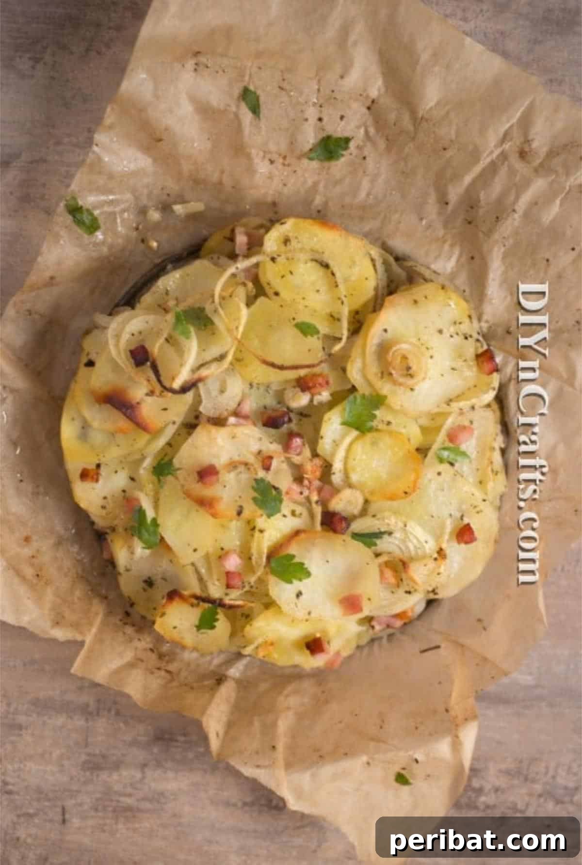 Garnish potato cake with fresh herbs and optional sour cream