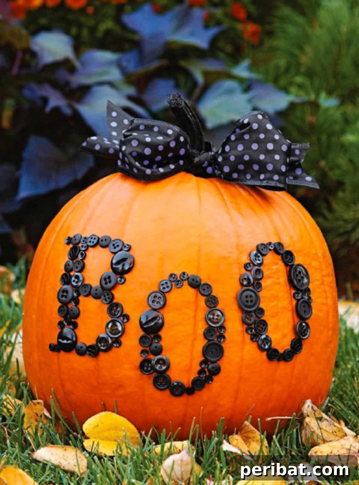 40 Spooktacularly Simple DIY Halloween Decorations 16 DIY Crafty Pumpkin decorated with ribbons and buttons