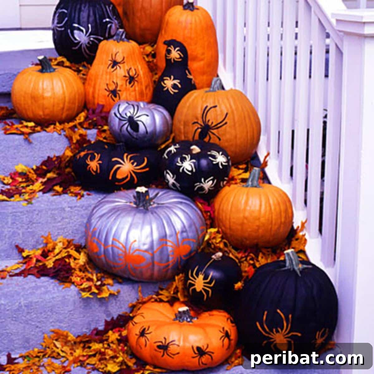 40 Spooktacularly Simple DIY Halloween Decorations 17 DIY Stenciled Pumpkins arranged on stairs