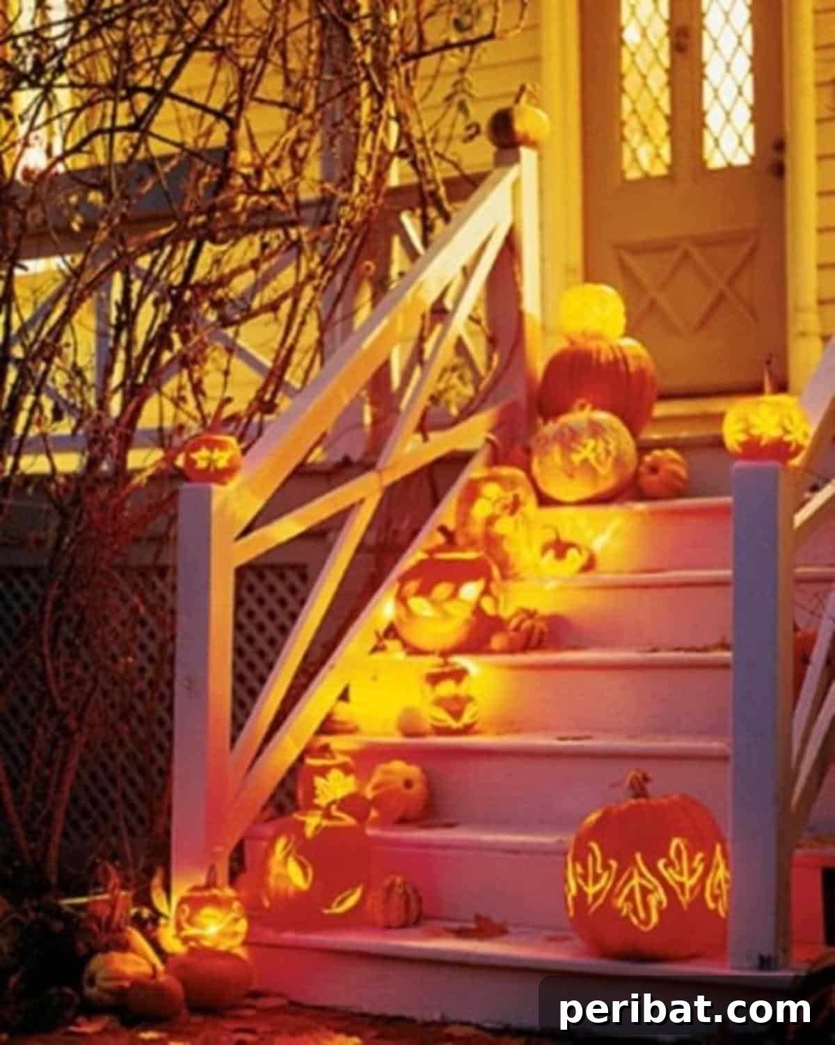 40 Spooktacularly Simple DIY Halloween Decorations 18 DIY Bright and Scary Stairs decorated with jack-o-lanterns