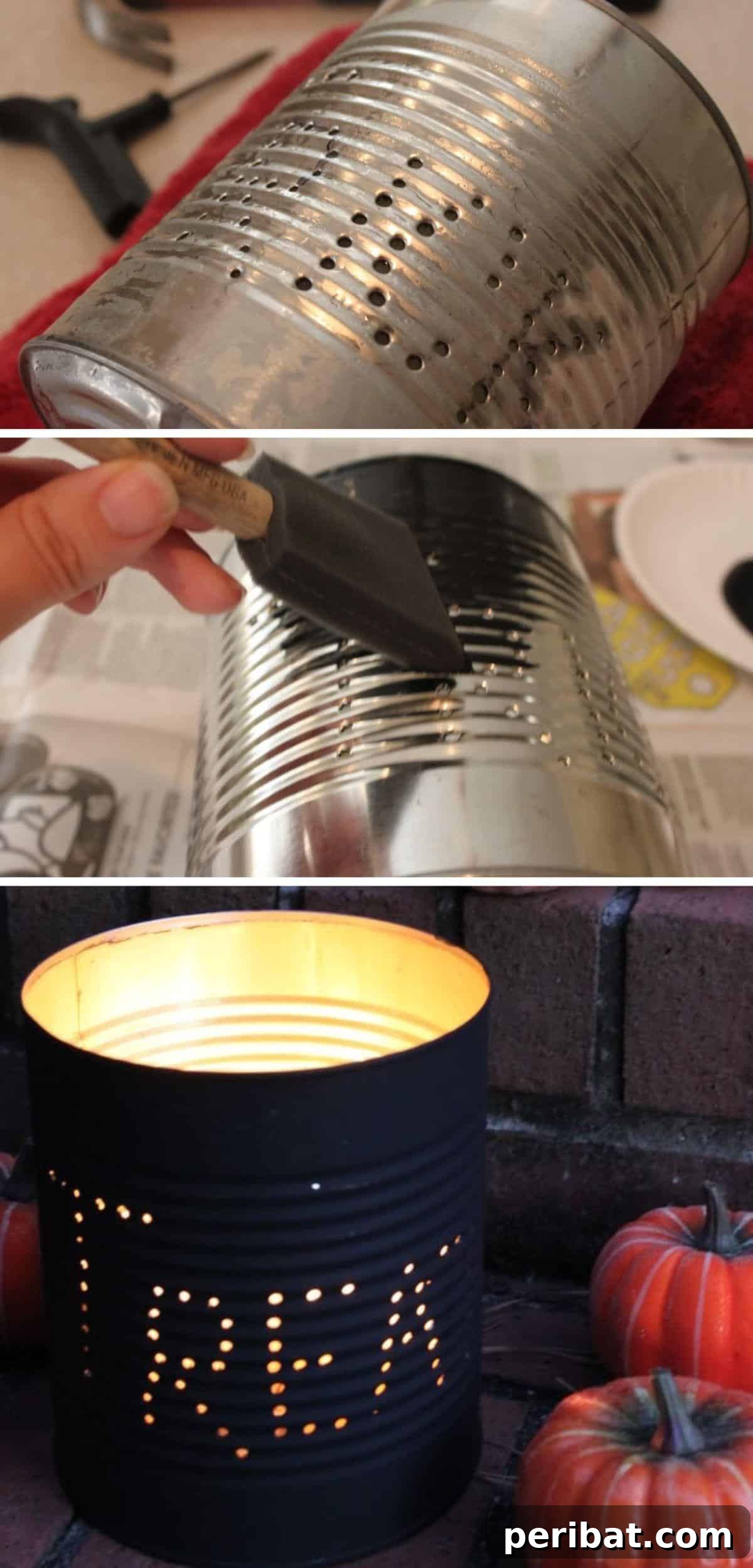 40 Spooktacularly Simple DIY Halloween Decorations 3 DIY Halloween Tin Can Luminaries for pathway lighting