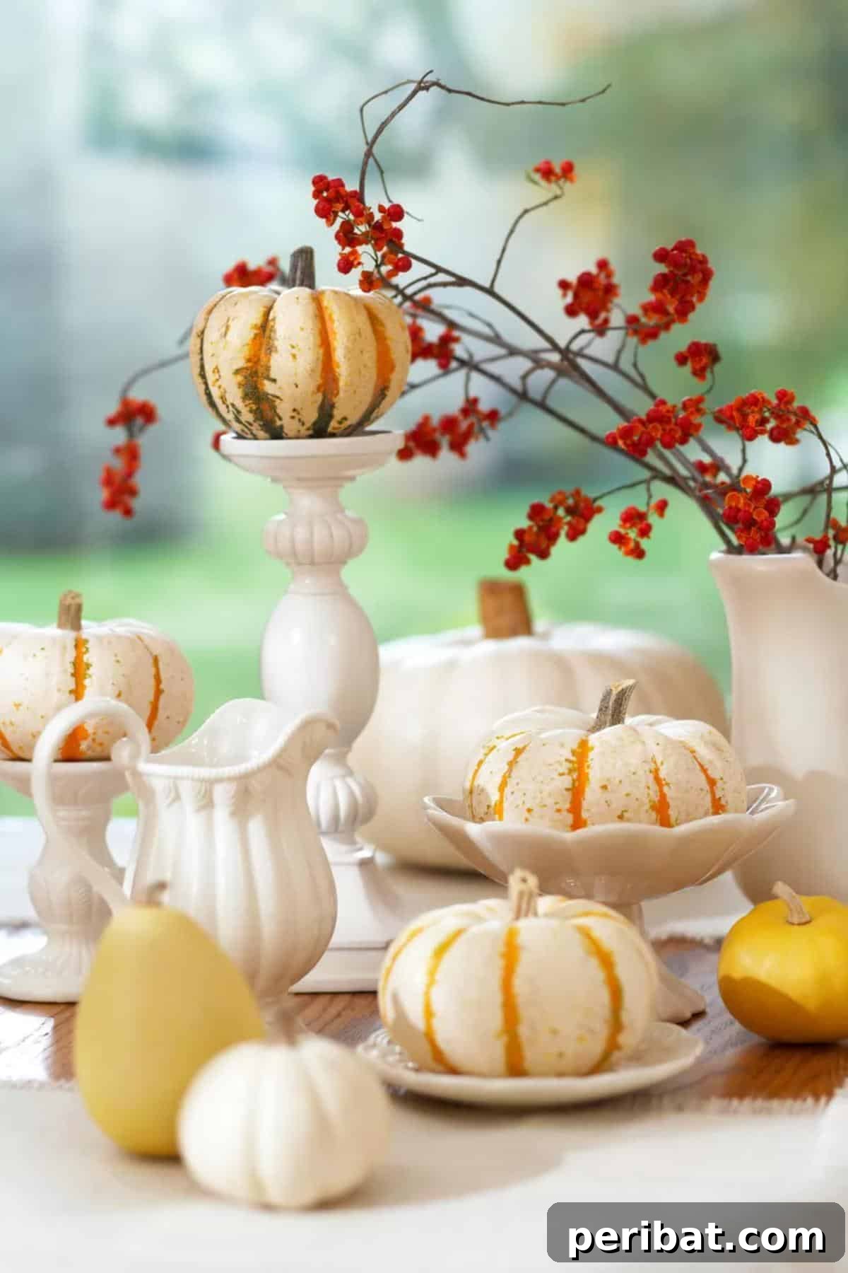 40 Spooktacularly Simple DIY Halloween Decorations 28 DIY Decorative Pumpkins centerpiece with small pumpkins on white dishes