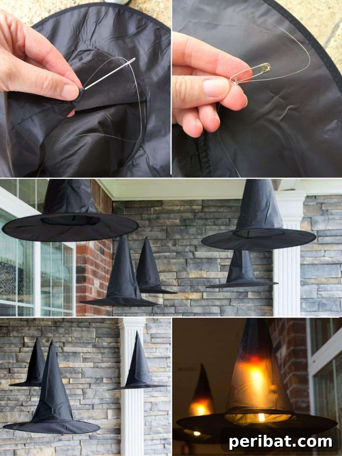 40 Spooktacularly Simple DIY Halloween Decorations 4 DIY Floating Witch Hat Luminaries for Halloween porch decor
